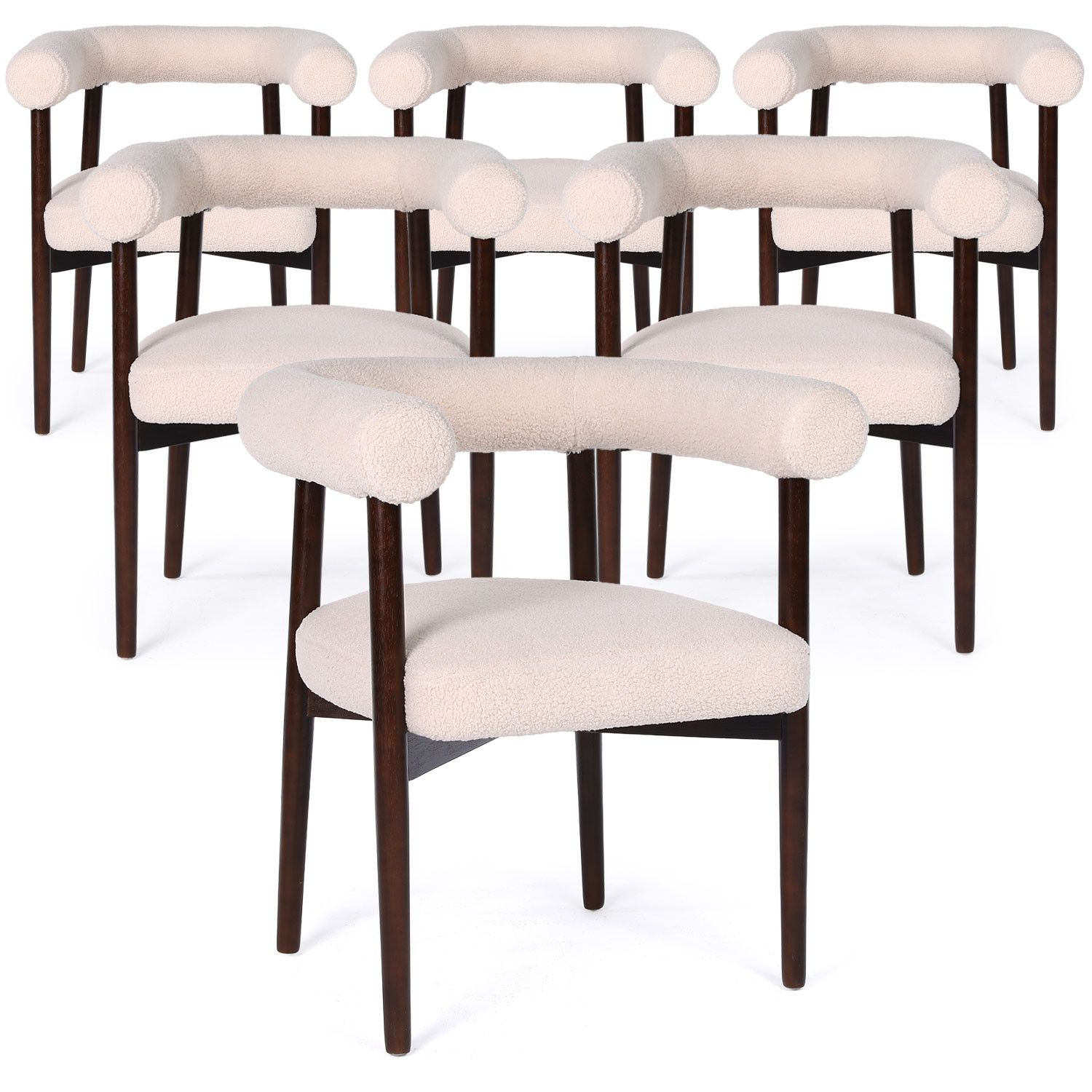 Lot De 6 Chaises Style Scandinave Chic Bringo Bois Foncé Et Tissu Bouclette Beige