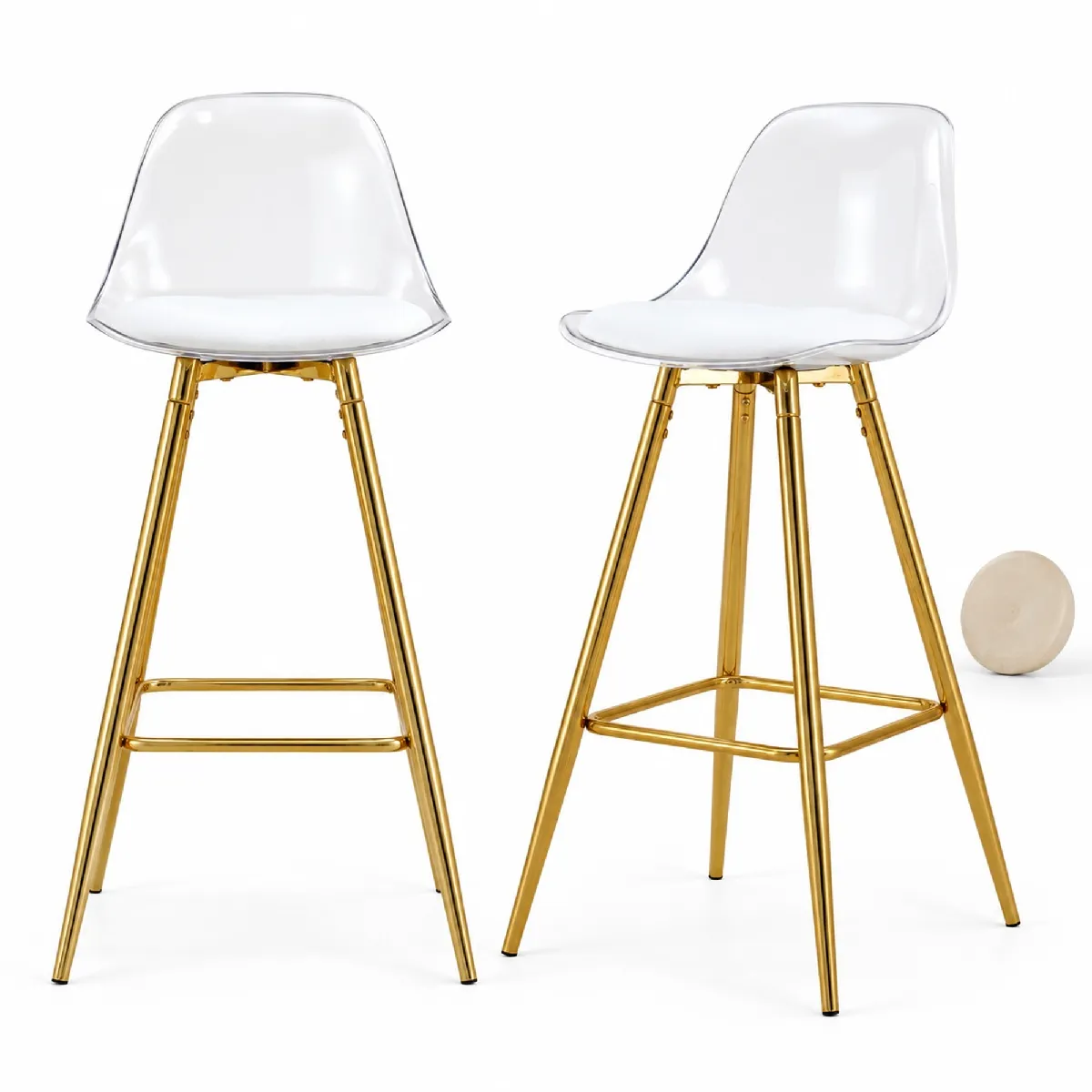Tabourets de Bar - Lot de 2 Chaises avec Dossier Transparent, Cadre Métal Doré, design Moderne - Idéal pour Café et Salon