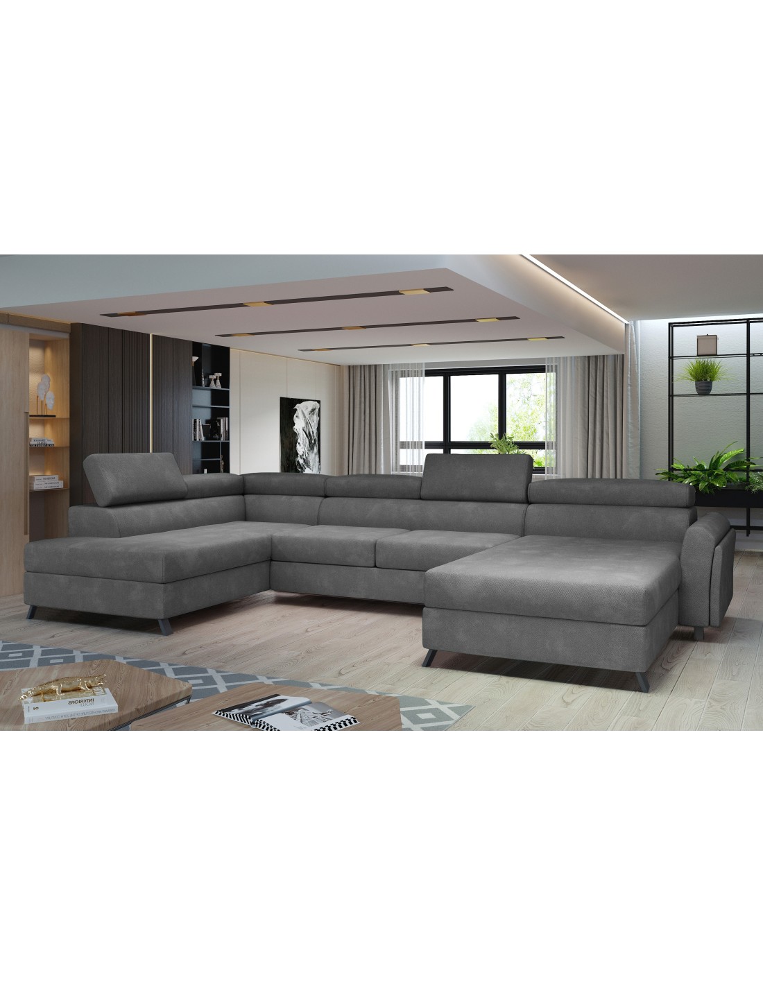 Canapé Panoramique Gris Foncé 5 Places Angle Gauche Méridienne 190cm Clotis