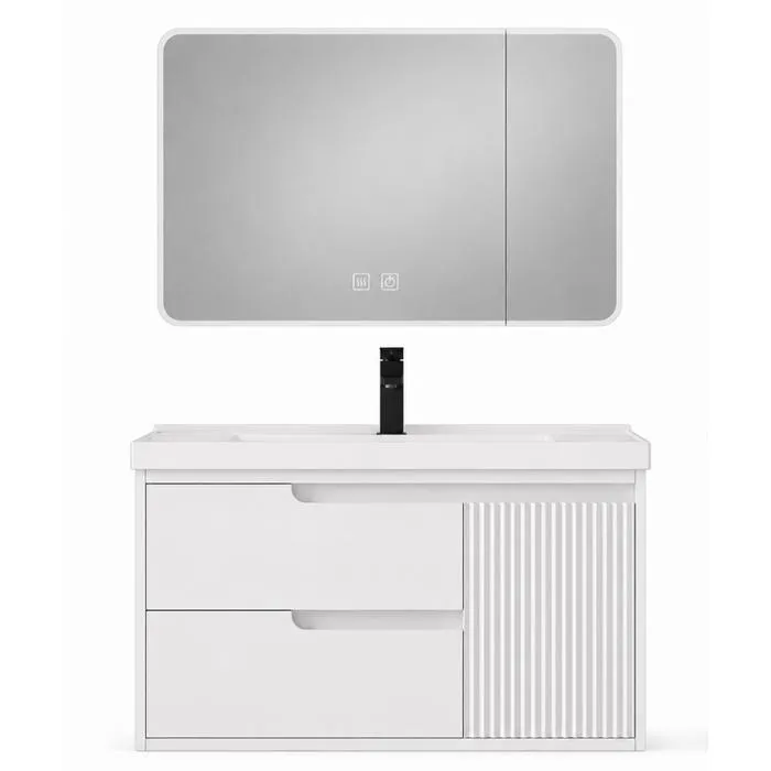 Meuble de salle de bain suspendu 80 cm avec plan vasque et armoire miroir LED de salle de bain - Blanc cassé - SEREN