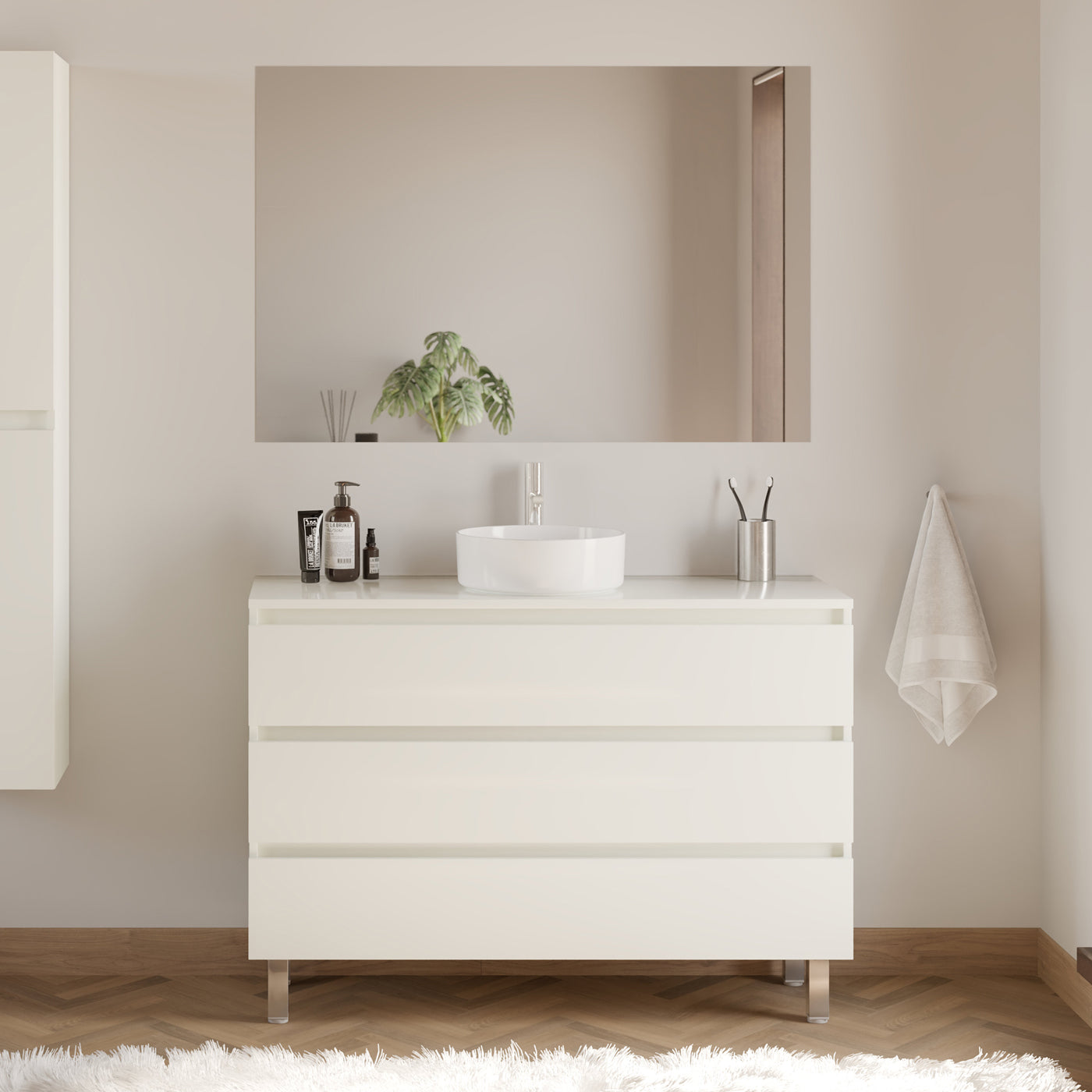 Meuble De Salle De Bain 120cm Avec Plateau Et Vasque À Poser Ronde - 3 Tiroirs - Blanc Brillant - Mayor