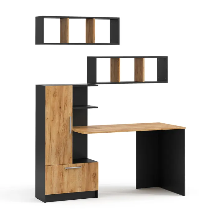 Ensemble De Bureau Tomy, Anthracite/chêne De Force Doré, 150x59cm Set De 3 Car 2 Étagères+bureau, Vicco