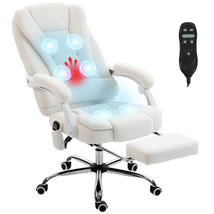 Fauteuil De Bureau Direction Massant Chauffant Inclinable Bouclette Blanc