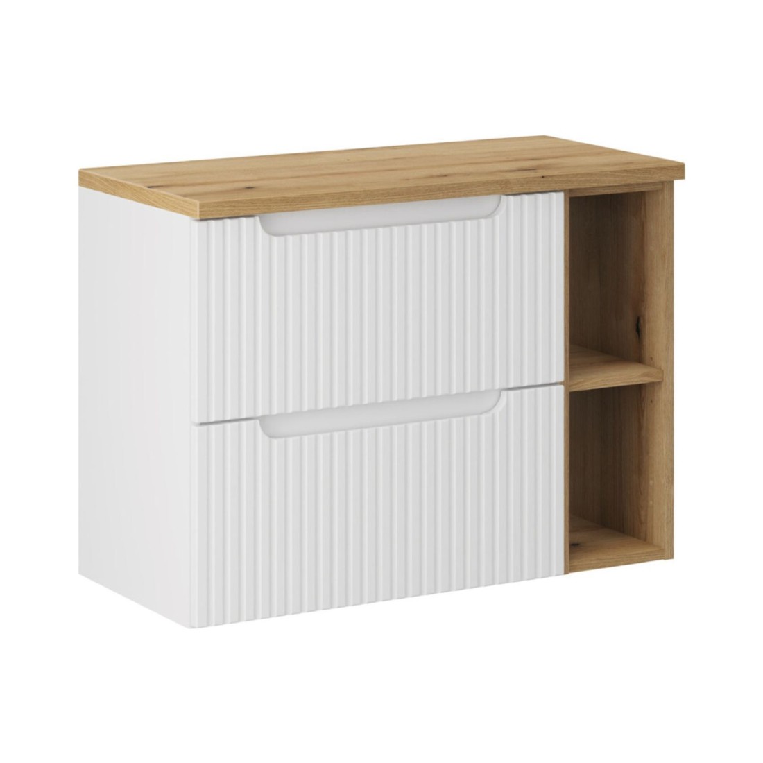 Ensemble De Salle De Bain Vano Blanc 80cm: Meubles Sous Vasque À Tiroirs Avec Niches Visibles + Plan Pour Vasque Aspect Chêne C