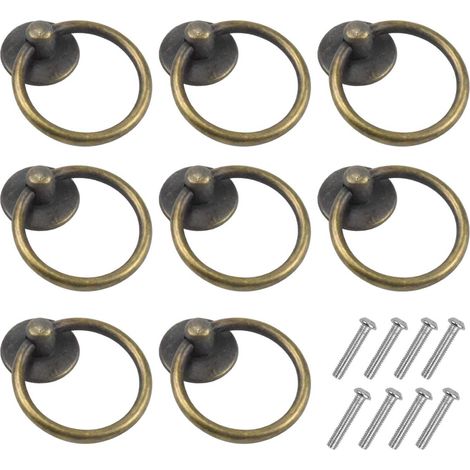 8 Pcs Poignée De Tiroir Vintage Bouton De Meuble Poignées De Placard Rondes Boutons D'Anneau De Tiroir Bague Poignée De Traction D'Armoire Alliage Zinc Antique Pour Cuisine Commode Porte Décor,