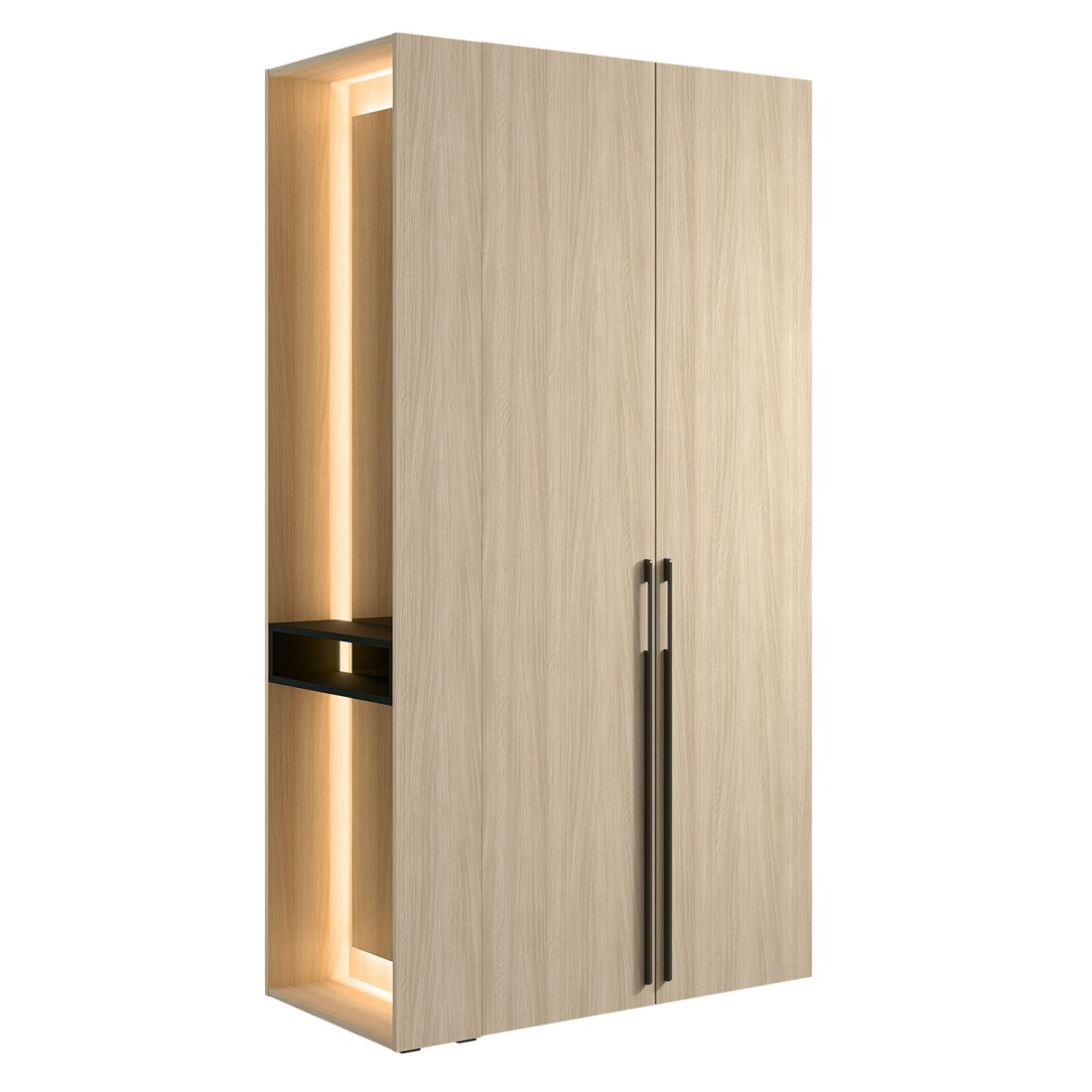 Armoire Design Soria 204 Cm Chêne Et Noir Avec Miroir Led, Niche Et Étagères - 2 Portes Battantes