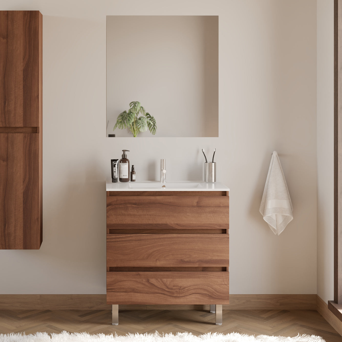 Meuble De Salle De Bain 60cm Simple Vasque - 3 Tiroirs - Noyer (bois Foncé) - Mayor