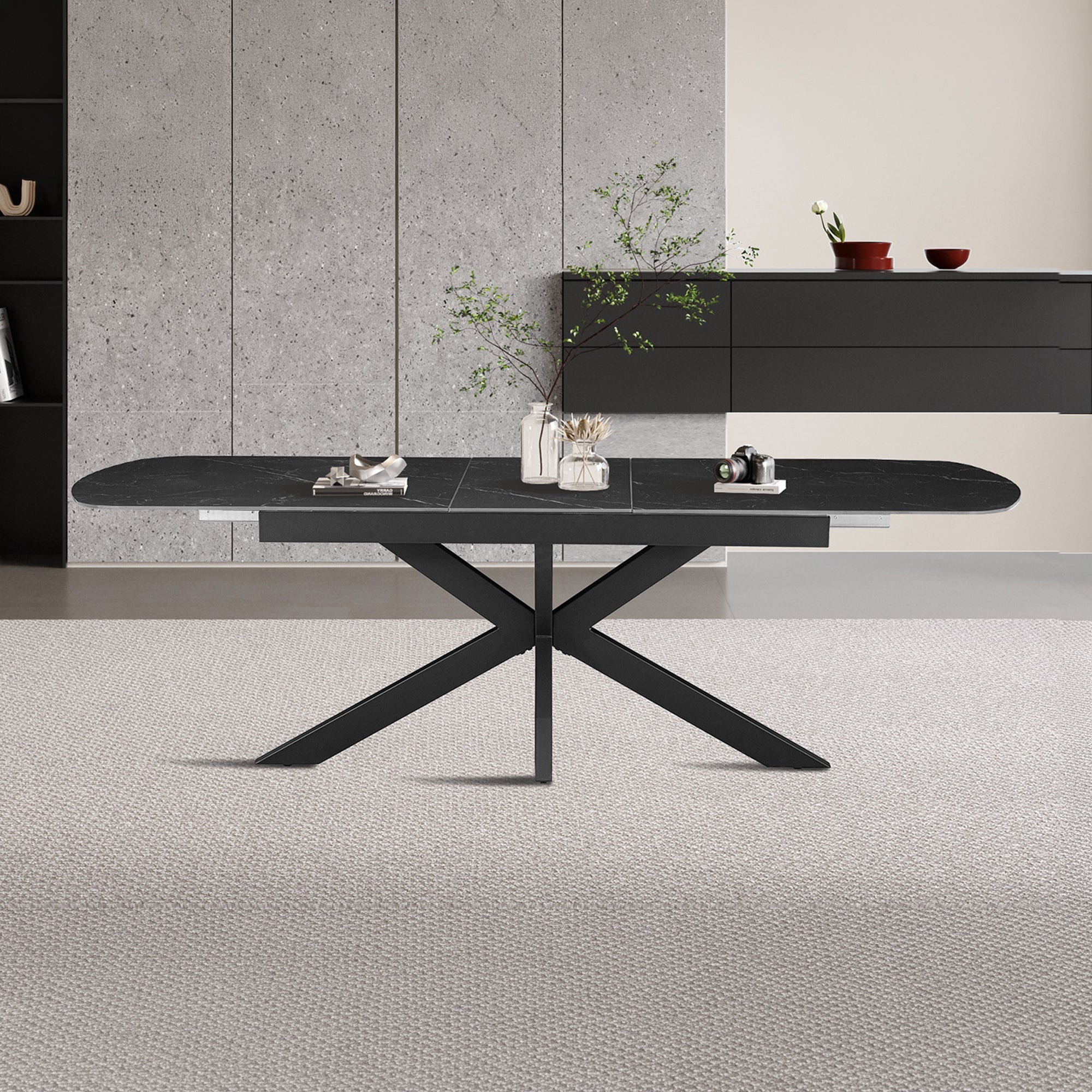 Hestia - Table Extensible Rectangulaire En Pierre Frittée Noir Pieds En Métal Noir 180-220 Cm