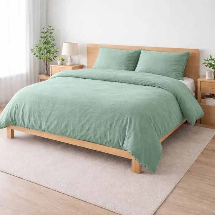 Parure De Lit 240 X 220 Cm Sienna Sauge + 2 Taies 63x63 Cm - Double Face Gaze De Coton & Coton 57 Fils