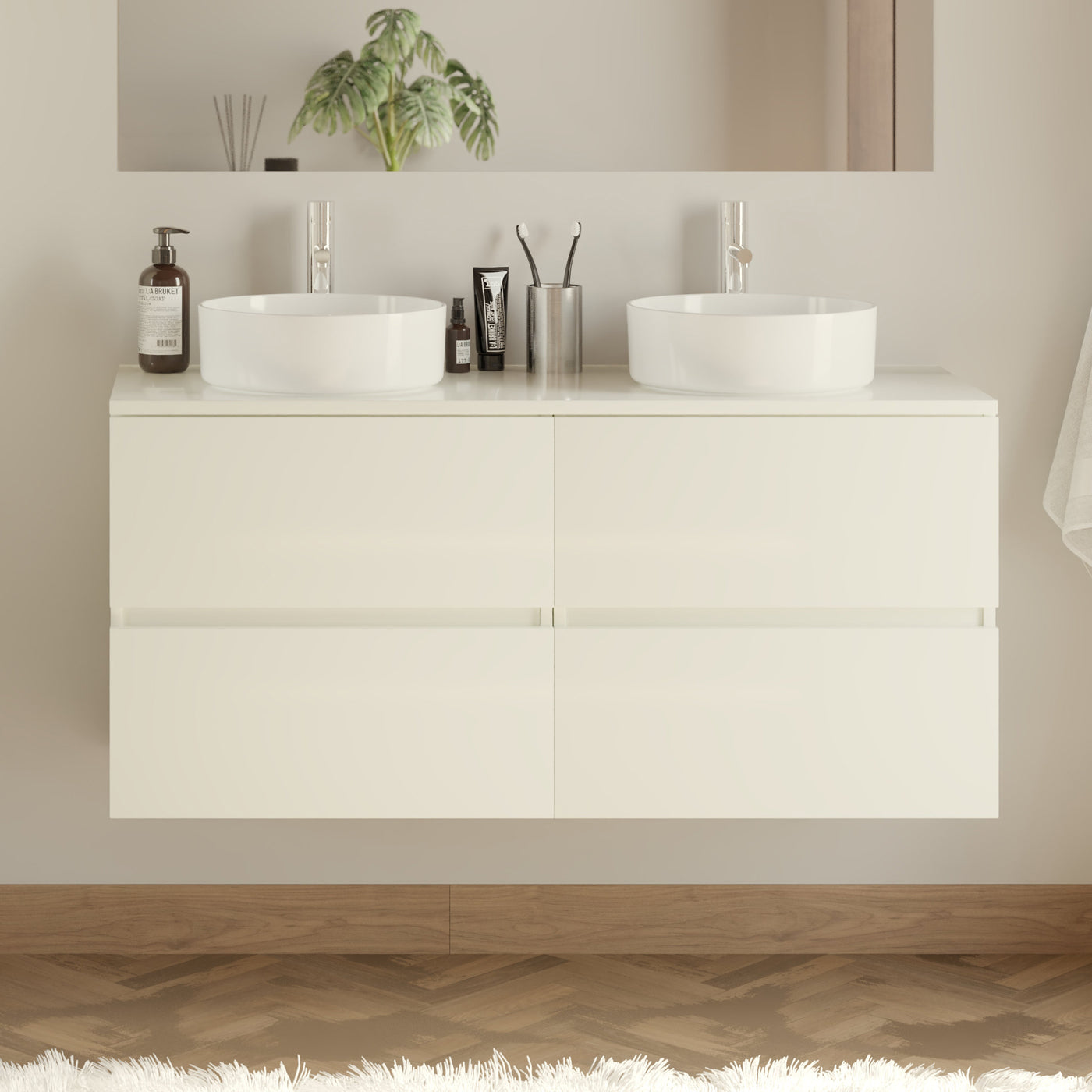 Meuble De Salle De Bain 140cm Avec Plateau Et 2 Vasques À Poser Rondes - 4 Tiroirs - Sans Miroir - Blanc Brillant - Ida