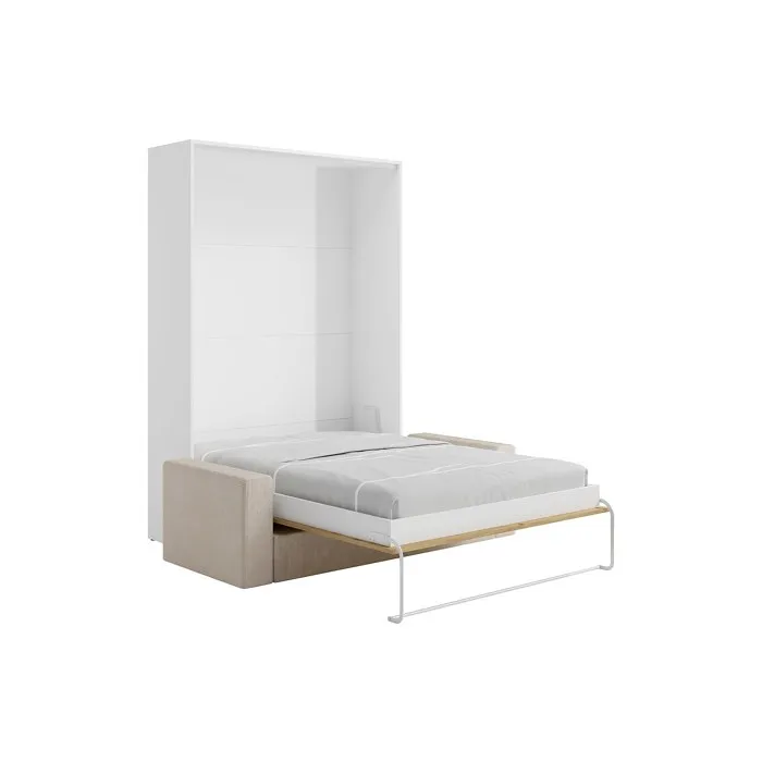 Lit escamotable 160 x 200 cm - Ouverture verticale manuelle - Coloris: Naturel et blanc + Canapé en velours côtelé beige -