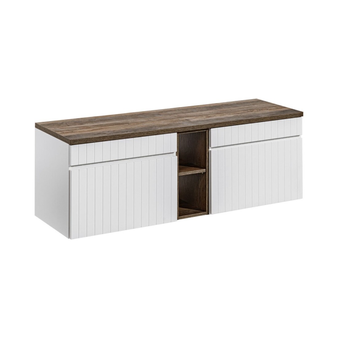 Ensemble Icon Blanc: Meubles Sous Vasque 140cm Avec Niches Visibles + Plan Pour Vasque Aspect Bois Foncé