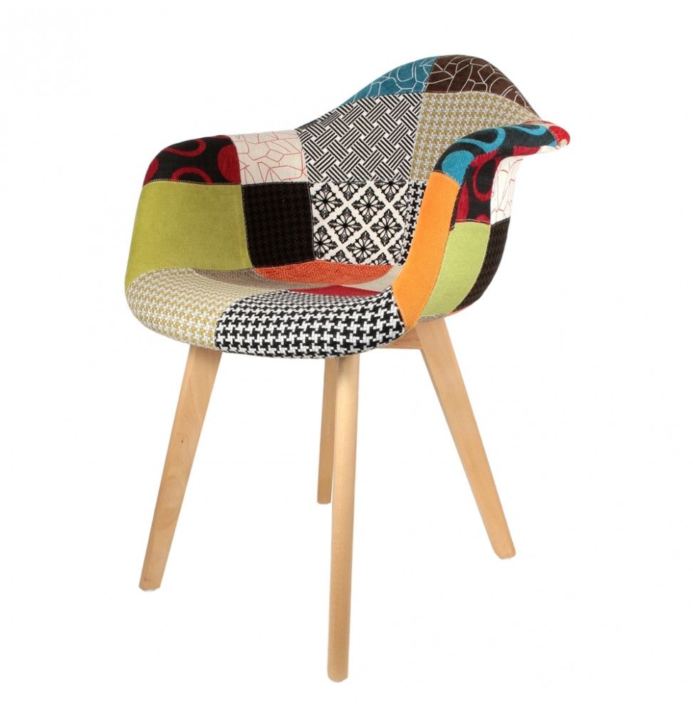 Fauteuil Scandinave Patchwork Multicolore H 85 X P 60,5 X L 62 Cm Pieds En Bois Brut Multicolore - Livraison Gratuite
