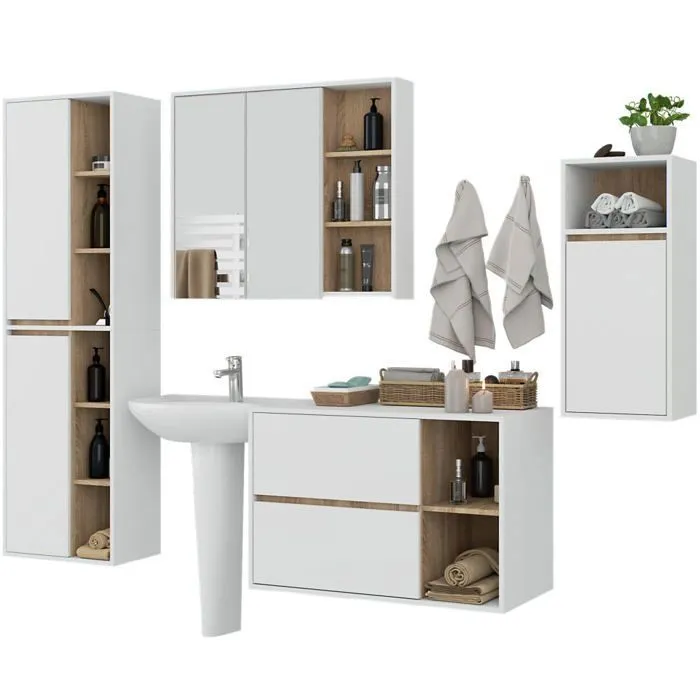 Ensemble de meubles de salle de bains VAMI suspendu Blanche intérieur Chêne Sonoma