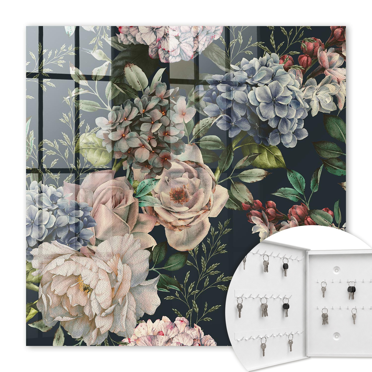 Armoire À Clés - (30 Cm X 30 Cm) - Boîte À Clés Murale - Coffret De Rangement Pour Clés - Couleur Blanche - Ouverture Vers La Gauche - Pour Maison Et Bureau - Motif Floral
