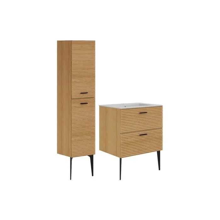 Meuble de salle de bain strié sur pieds avec vasque à encastrer et colonne - 2 tiroirs - Naturel clair - 60 cm - SARONE