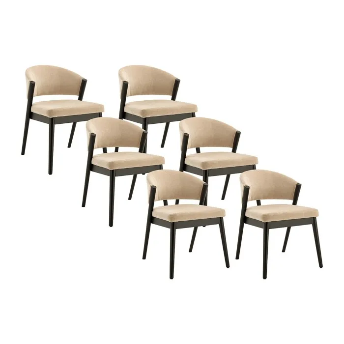 Lot de 6 chaises en tissu et bois d'hévéa noir - Beige - ZELVYN