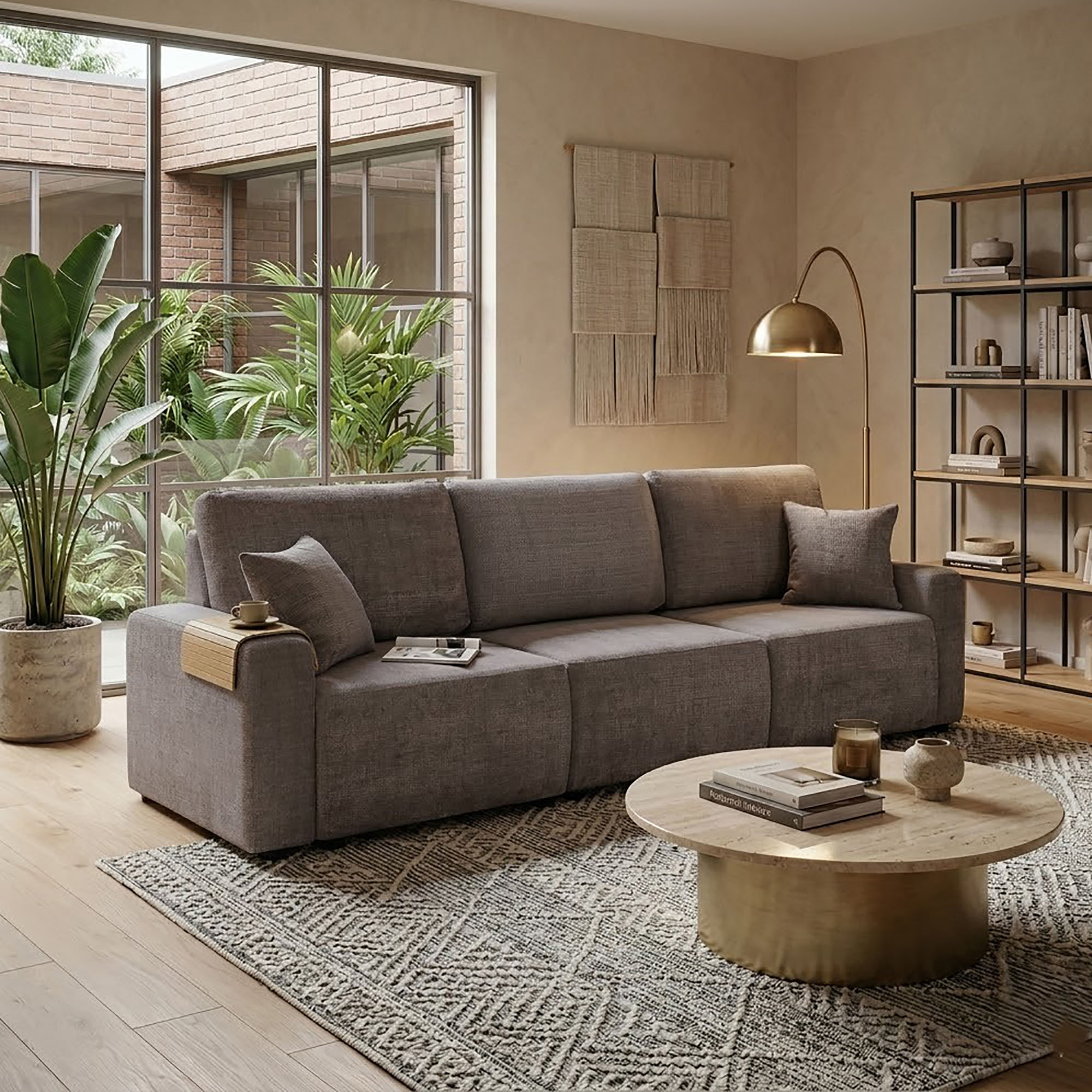 Canapé Convertible 4 Places 278x87x89cm En Tissu Texturé Taupe-modulys