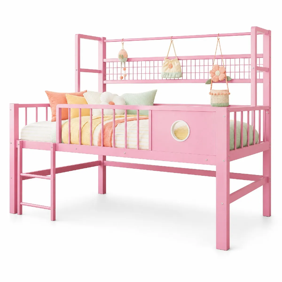 Lit Mezzanine 90x200 Cm Avec Rangement Sous Le Lit Et Barre De Penderie, En Métal, Rose, Sans Matelas
