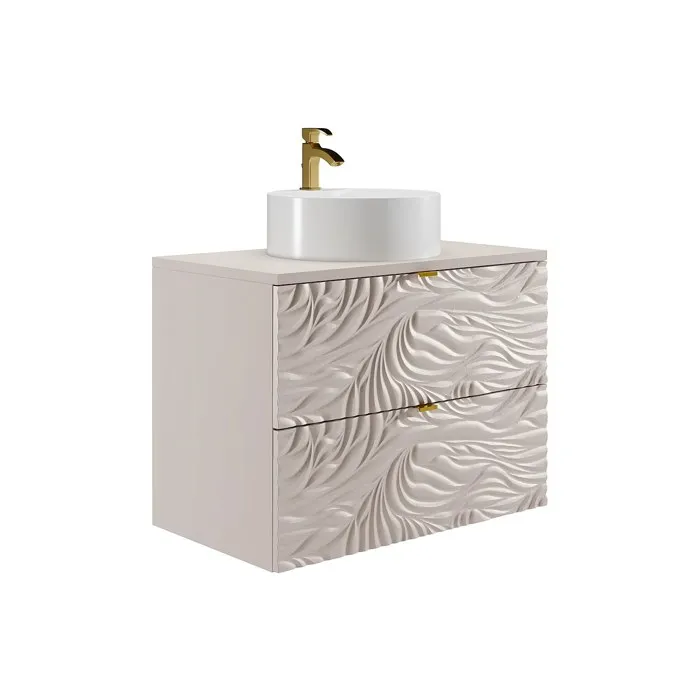 Meuble de salle de bain suspendu texturé avec vasque à poser ronde - Beige - 80 cm - RINAREL