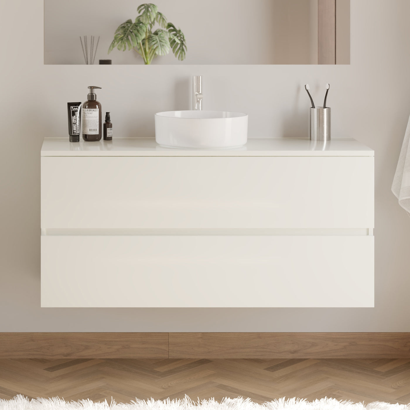 Meuble De Salle De Bain 120cm Avec Plateau Et Vasque À Poser Ronde - 2 Tiroirs - Sans Miroir - Blanc Brillant - Ida