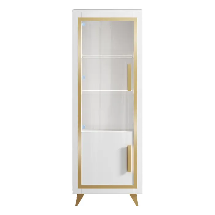 JEMMA - Vitrine 1 Porte Gauche Laquée Blanc et Décor Doré avec Leds