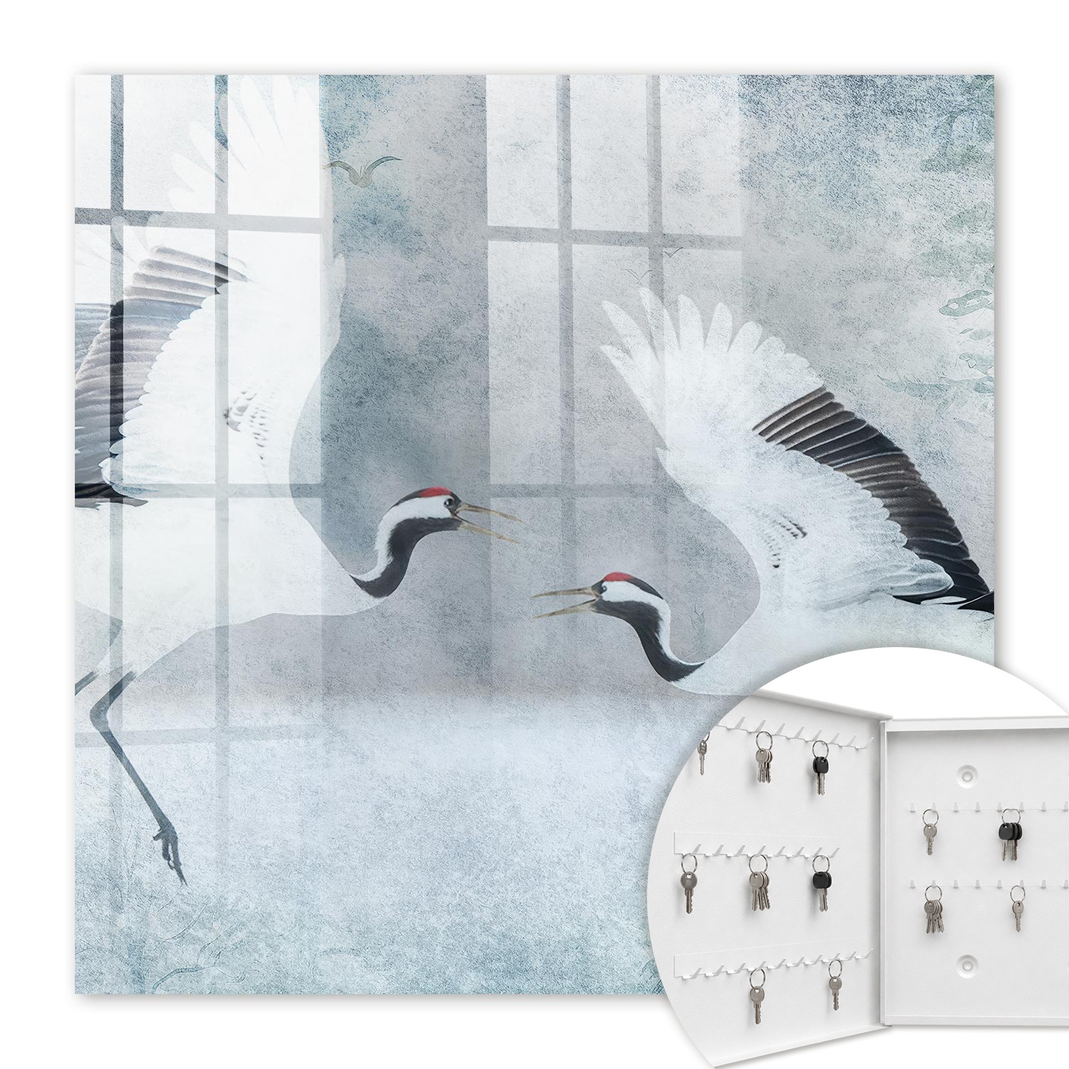 Armoire À Clés - (30 Cm X 30 Cm) - Boîte À Clés Murale - Coffret De Rangement Pour Clés - Couleur Blanche - Ouverture Vers La Gauche - Pour Maison Et Bureau - Grues En Vol