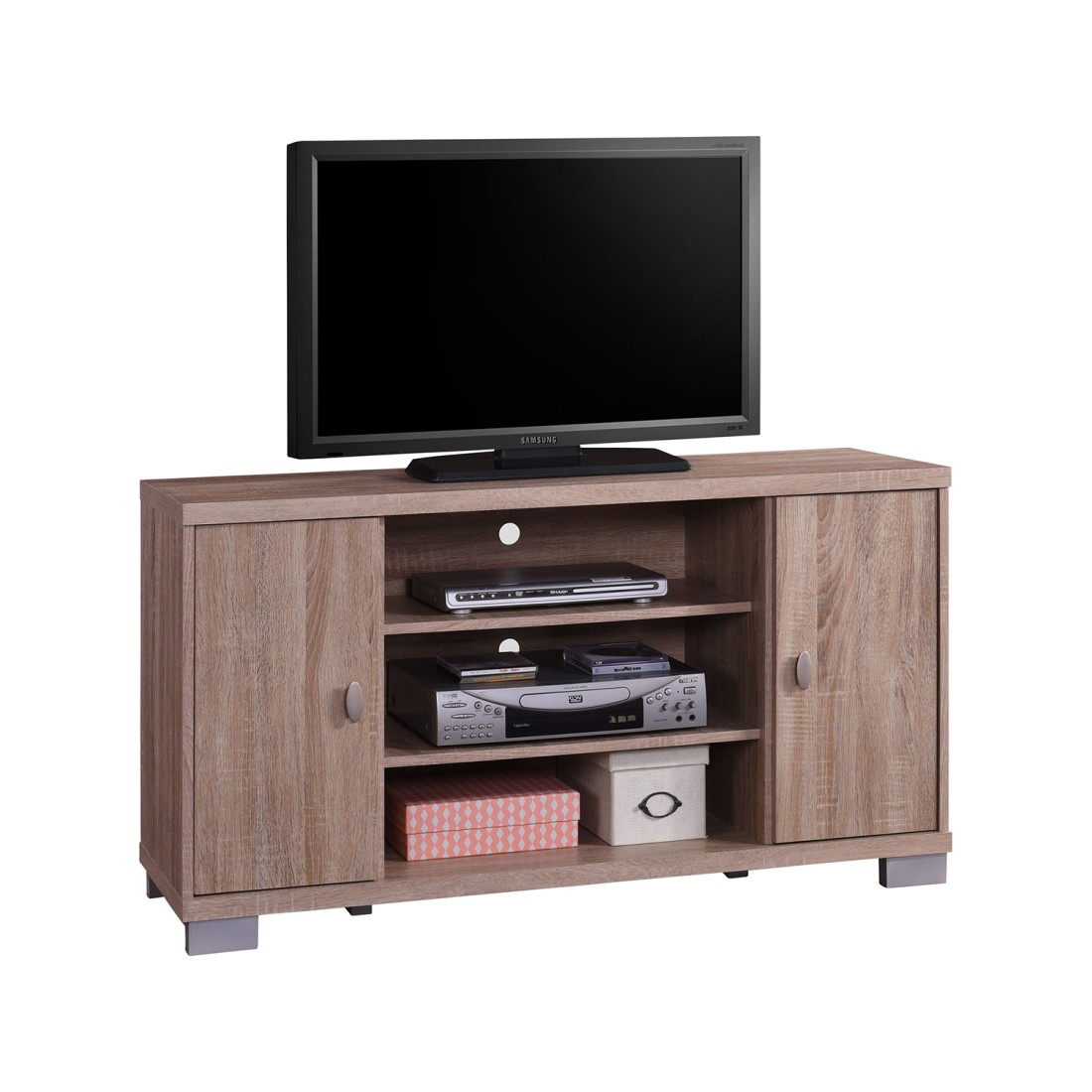 Meublorama - Meuble Tv Belek 120 Cm À 2 Portes Et 3 Niches Coloris Sonoma.