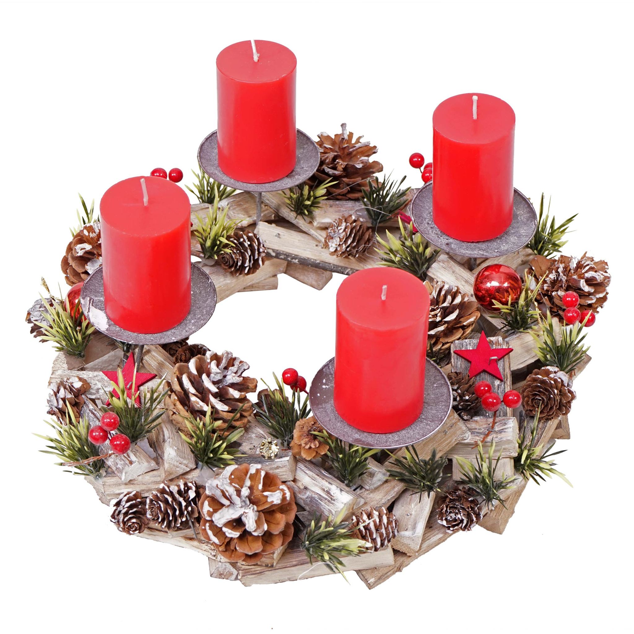 Couronne De L'avent Ronde Avec 4 Bougies Décoration De Noël En Bois Rouge Et Métal 040010911