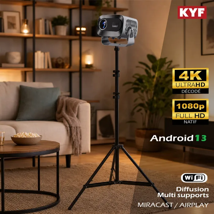 Pack vidéoprojecteur compact HD Android 13 avec trépied télescopique 210 cm