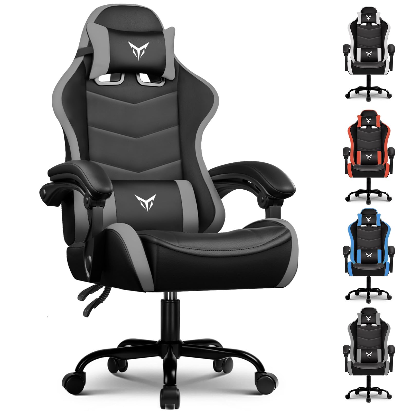 Fauteuil De Gaming Ergonomique, Chaise De Bureau Avec Appui-tête Et Soutien Lombaire Réglables, Fauteuil Gamer, Gris