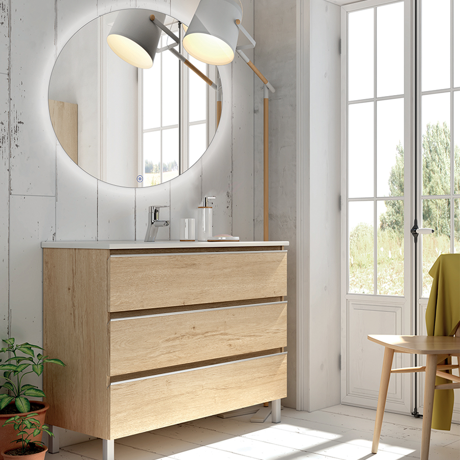 Meuble de salle de bain simple vasque 3 tiroirs PALMA et miroir rond Led SOLEN bambou (chêne clair) 80 cm COSYNEO ING3CPALMA80SOLENBAM
