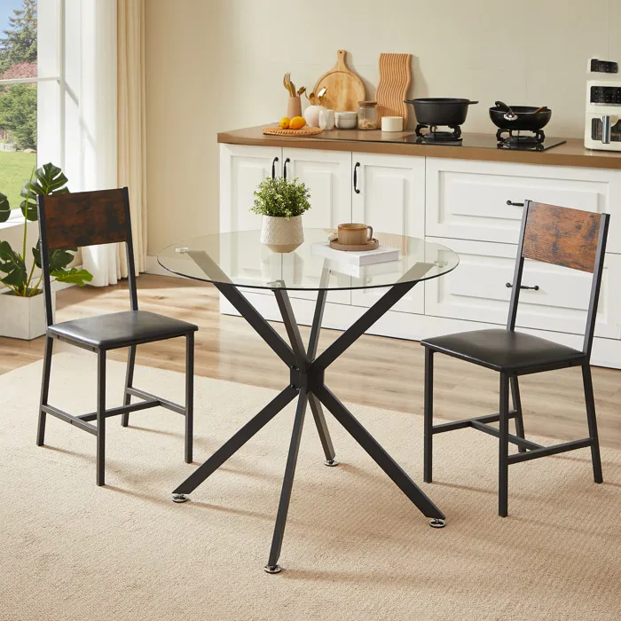 Table à manger ronde 80 cm en verre trempé et métal noir