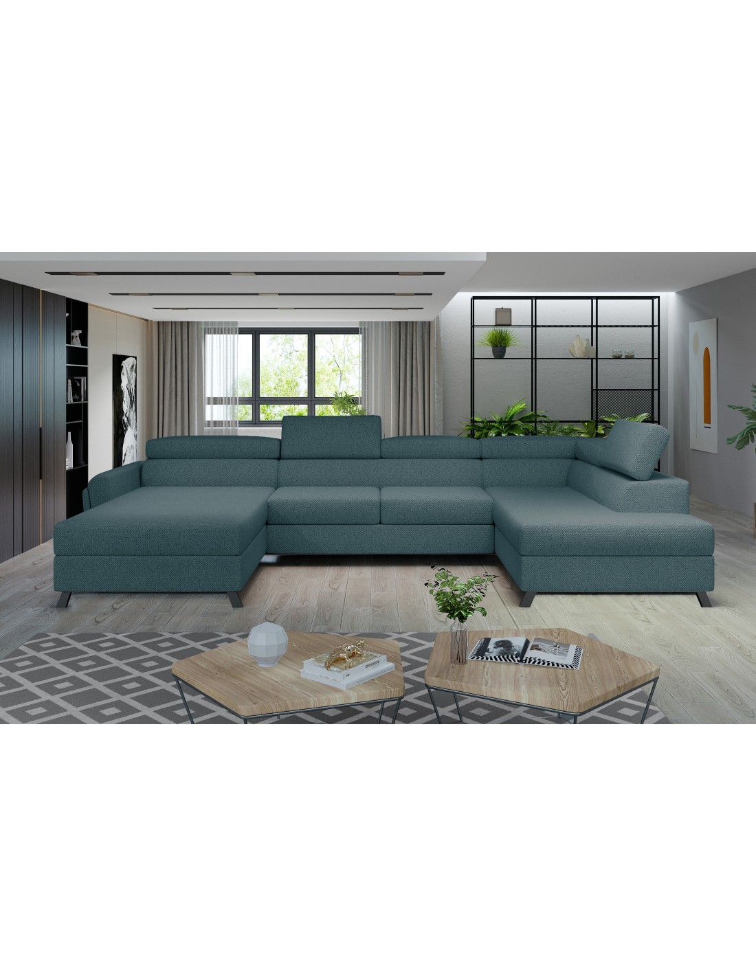 Canapé Panoramique Bleu Gris 5 Places Angle Droit Revêtement Polyester Clotis