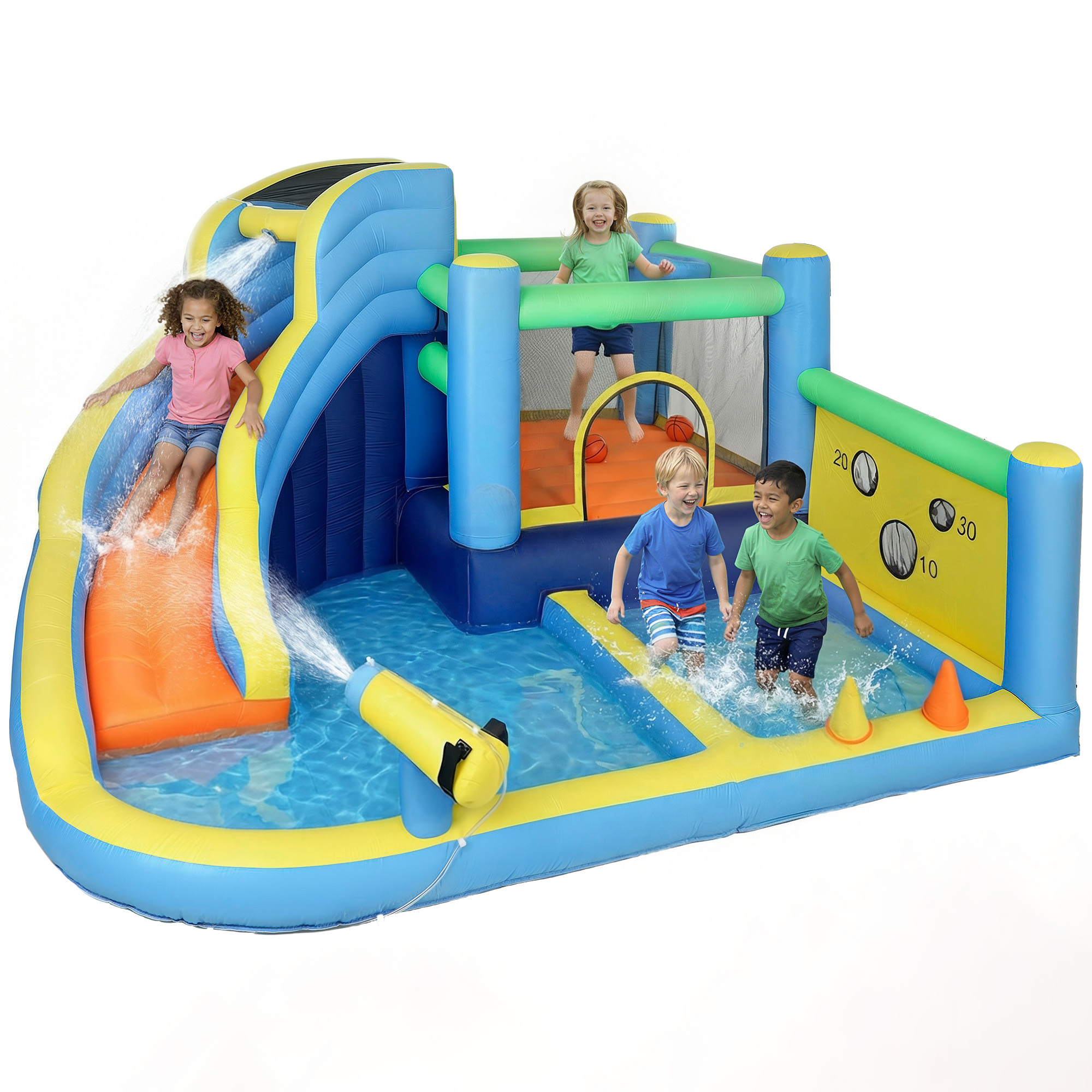 Aiyaplay - Château Gonflable 8 En 1 - Souffleur 550w - Toboggan, Trampoline, Piscine À Balles - Dimensions 350x320x190cm - Tissu Oxford Multicolore