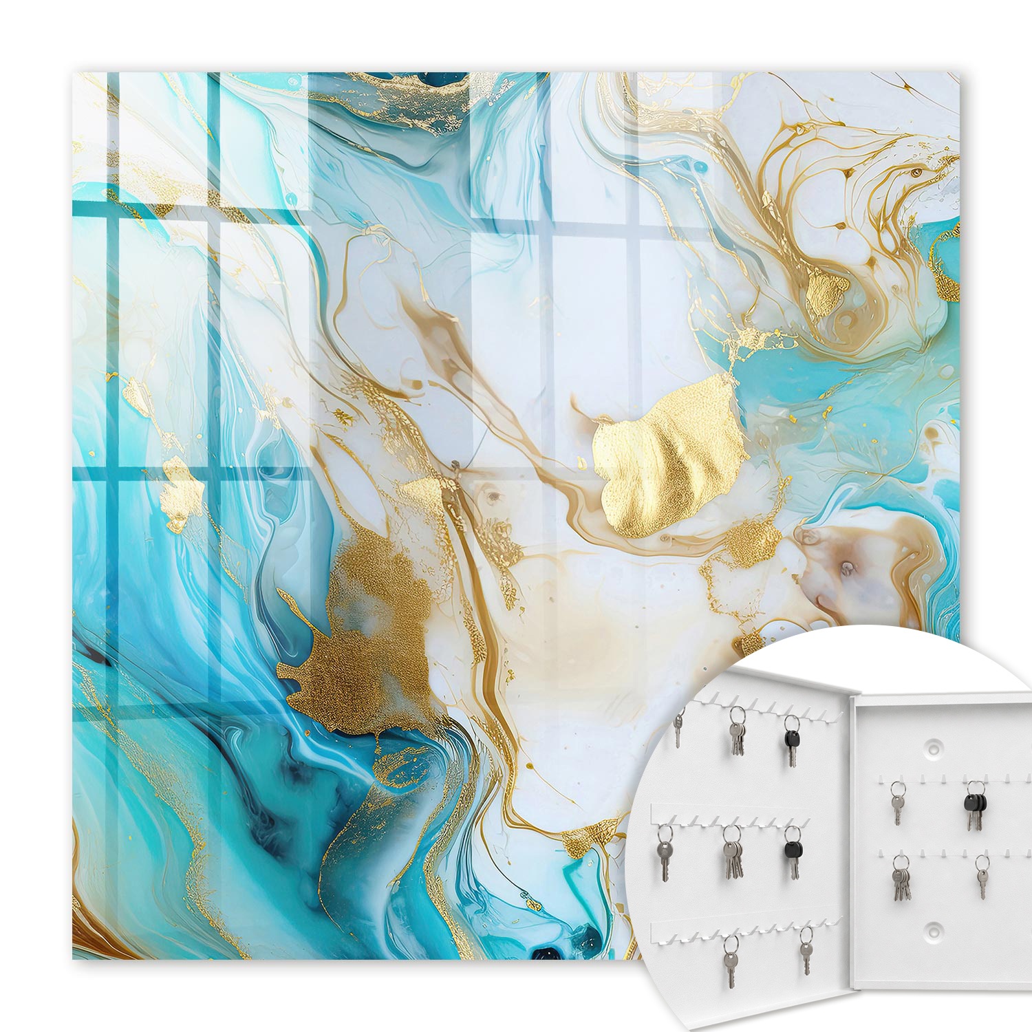 Armoire À Clés - (30 Cm X 30 Cm) - Boîte À Clés Murale - Coffret De Rangement Pour Clés - Couleur Blanche - Ouverture Vers La Gauche - Pour Maison Et Bureau - Motifs Turquoise