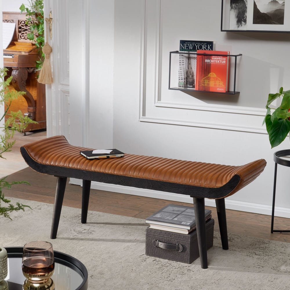Finebuy Banc Banc Rembourré Cuir Véritable / Bois 125x51x38 Cm Banc De Lit Banc De Couloir