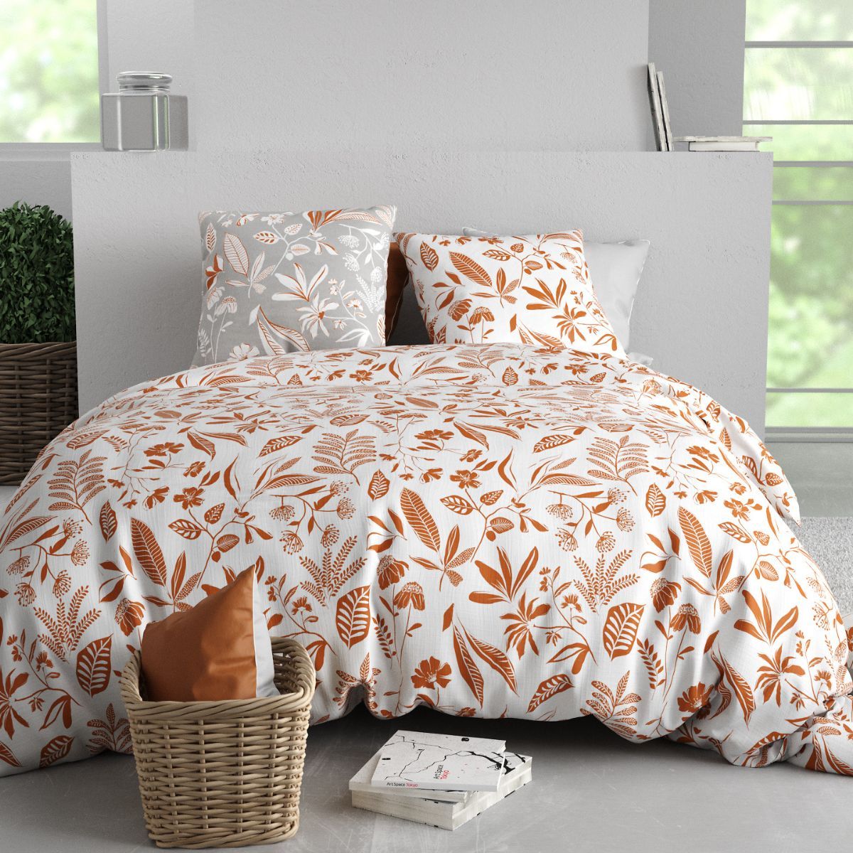 Parure Housse De Couette 260x240cm + 2 Taies Motif Feuillage Blanc Et Orange 100% Coton - Ahylia