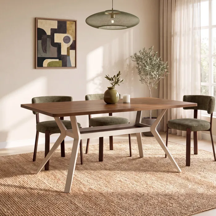 Table à manger 160cm pieds métal beige et plateau finition noyer ANDREA