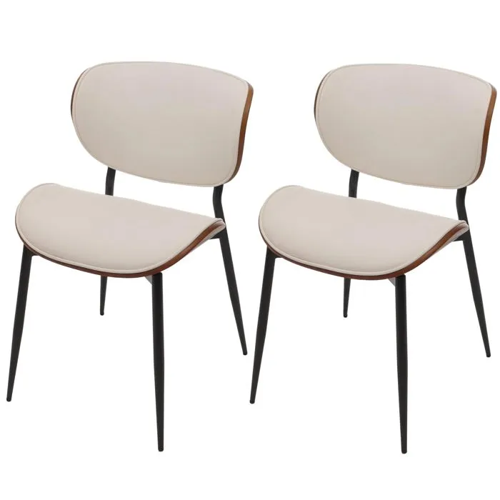 Lot De 2 Chaises De Salle À Manger Design En Similicuir Blanc Avec Dossier En Bois Cintré Effet Noyer 040009504