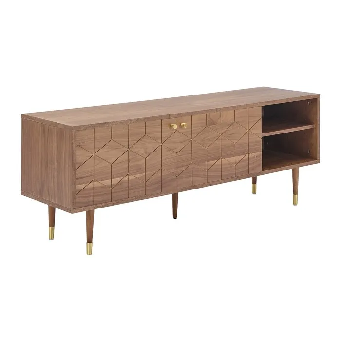 Meuble TV avec 2 portes et 2 niches placage noyer - Naturel et doré - PARIOMA
