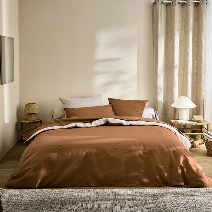 Parure Bicolore En Viscose De Bambou, Taies Carrées, Ecorce - 240 X 220 Cm - Lin/caramel