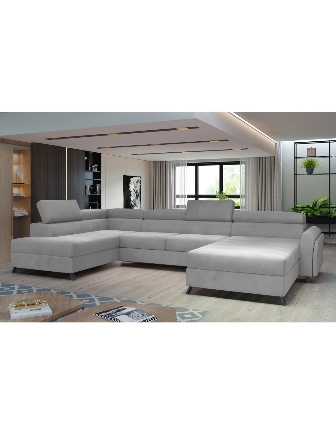 Canapé Panoramique Gris Clair 5 Places Angle Gauche Assise Profonde 55cm Clotis
