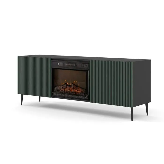 Meuble Tv Ravenna F 177 Cm Avec Cheminée 2d Noir Mat / Vert