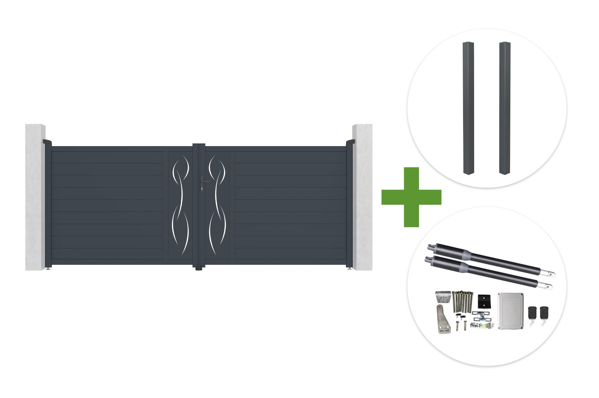 Portail Battant 4m Life H.160cm Aluminium Gris + 2 Poteaux Elda + Motorisation Ranger B150