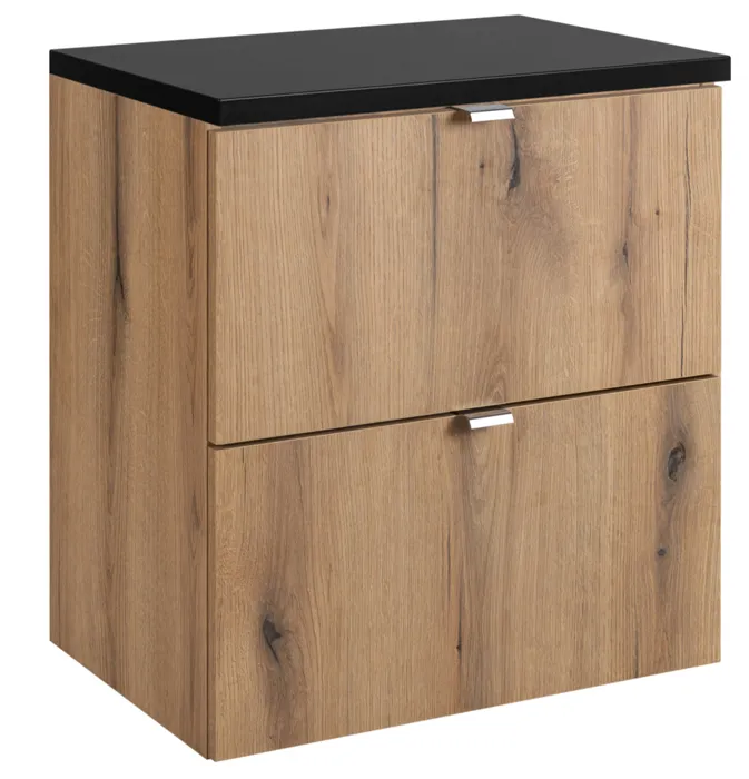 Meuble sous vasque suspendu 2 tiroirs avec le plan noir NOVA OAK 50 CM