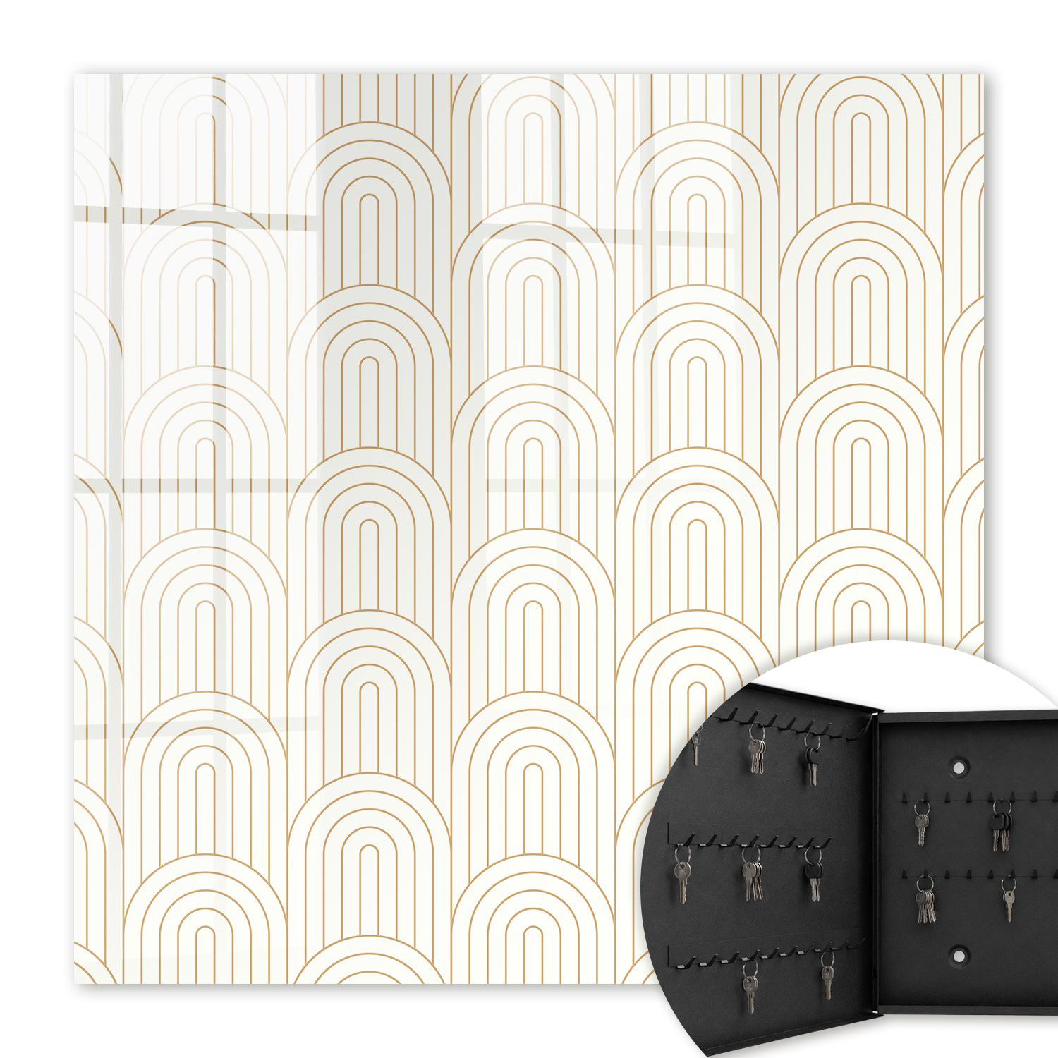 Armoire À Clés - (30 Cm X 30 Cm) - Boîte À Clés Murale - Coffret De Rangement Pour Clés - Couleur Noire - Ouverture Vers La Gauche - Pour Maison Et Bureau - Arcs Géométriques