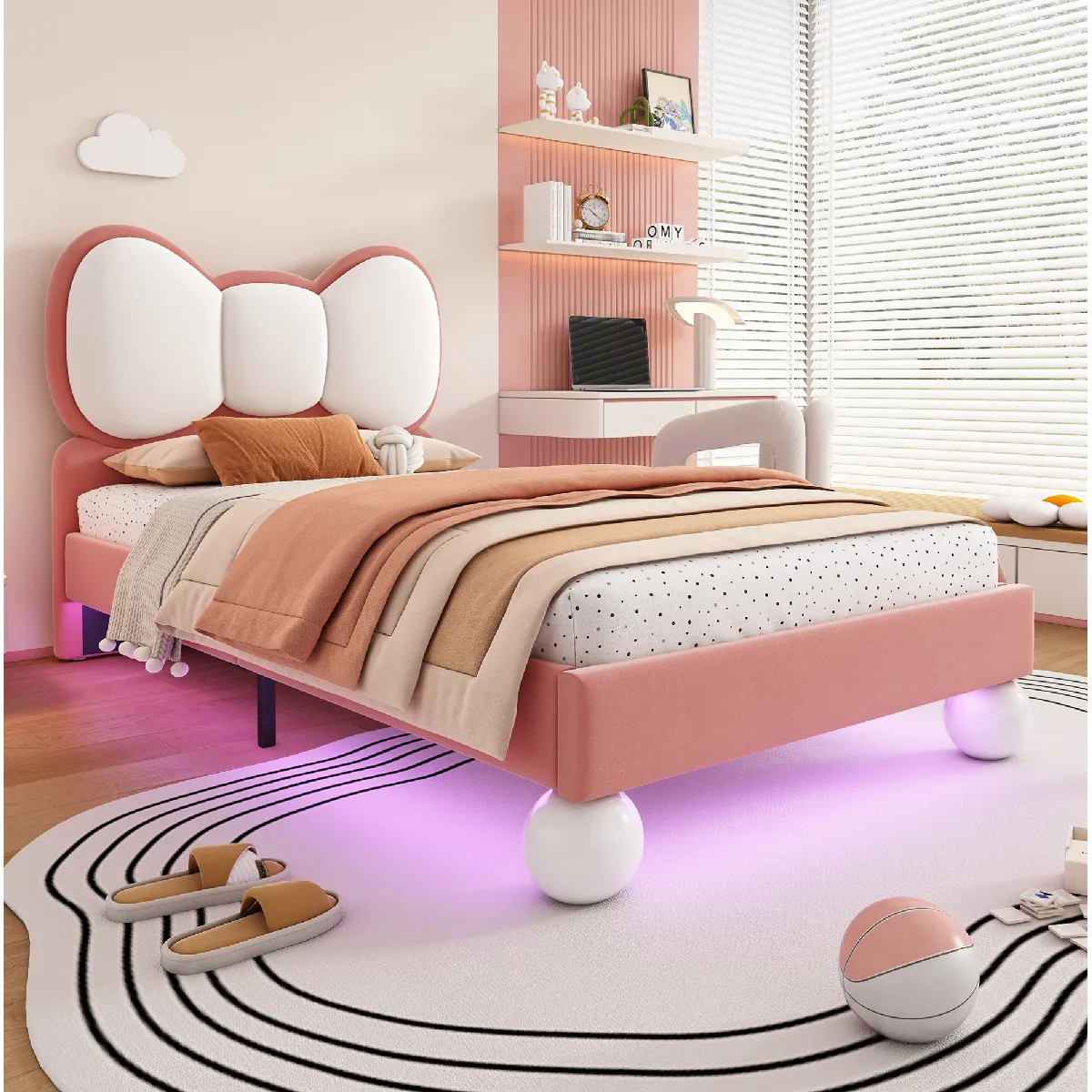 Lit Enfant 90x200 Cm, Tête De Lit Papillon Et Led Sous Le Lit, En Velours, Rose Et Beige, Sans Matelas