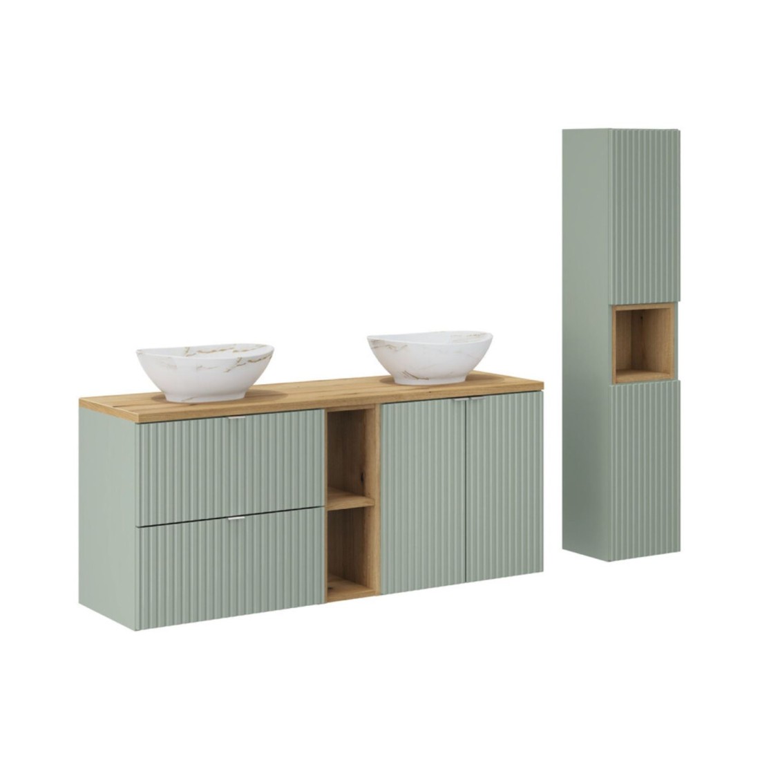 Ensemble Elvina 170cm: Meubles Sous Vasque Avec Niches Visibles À Tiroirs Et Placards + Deux Vasque À Poser Marbrée + Colonne