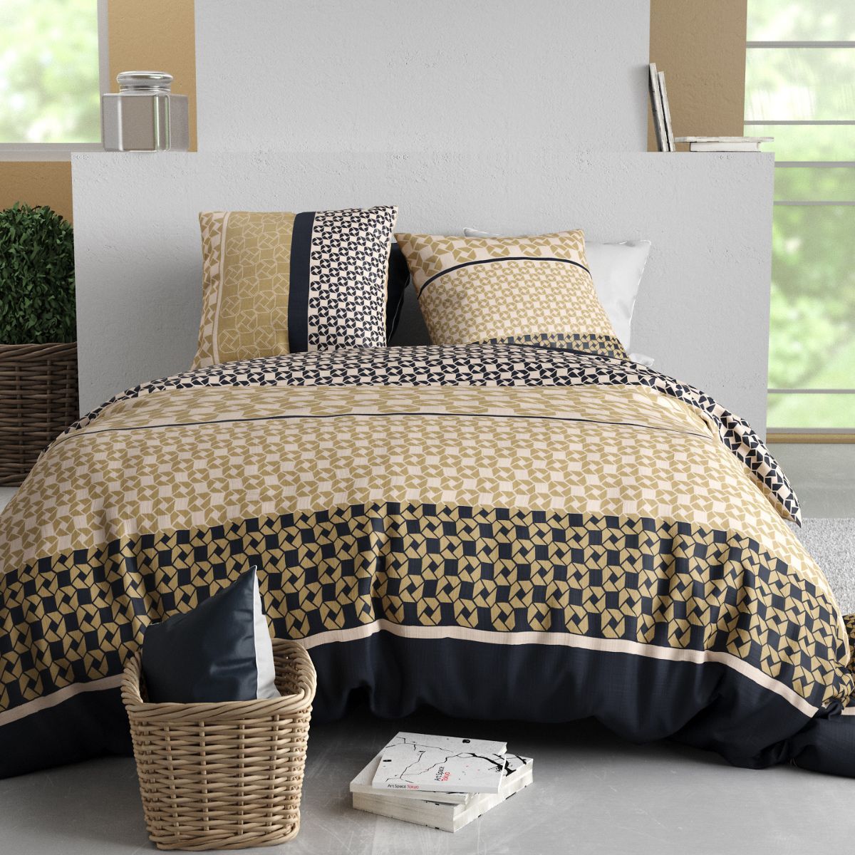 Parure Housse De Couette 240x220cm + 2 Taies Motif Géométrique Beige Et Noir 100% Coton - Melusine